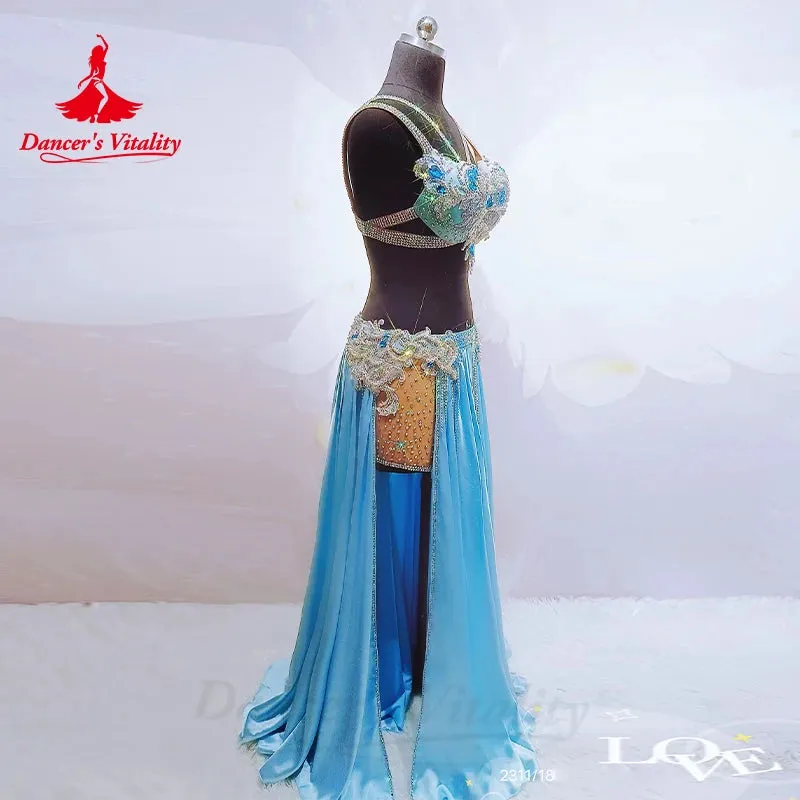 Belly Dance Perpormance Costume Suit for Women Senior AB Stones Bra satin Split Long Skirt 2pcs Oriental Belly Dancing Outfit