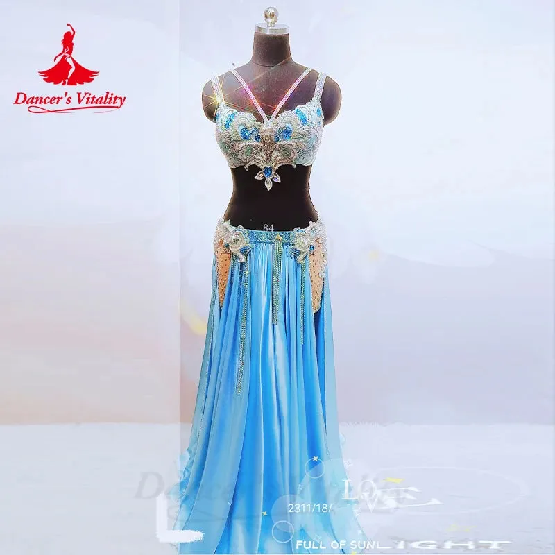 Belly Dance Perpormance Costume Suit for Women Senior AB Stones Bra satin Split Long Skirt 2pcs Oriental Belly Dancing Outfit