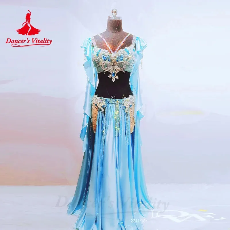 Belly Dance Perpormance Costume Suit for Women Senior AB Stones Bra satin Split Long Skirt 2pcs Oriental Belly Dancing Outfit