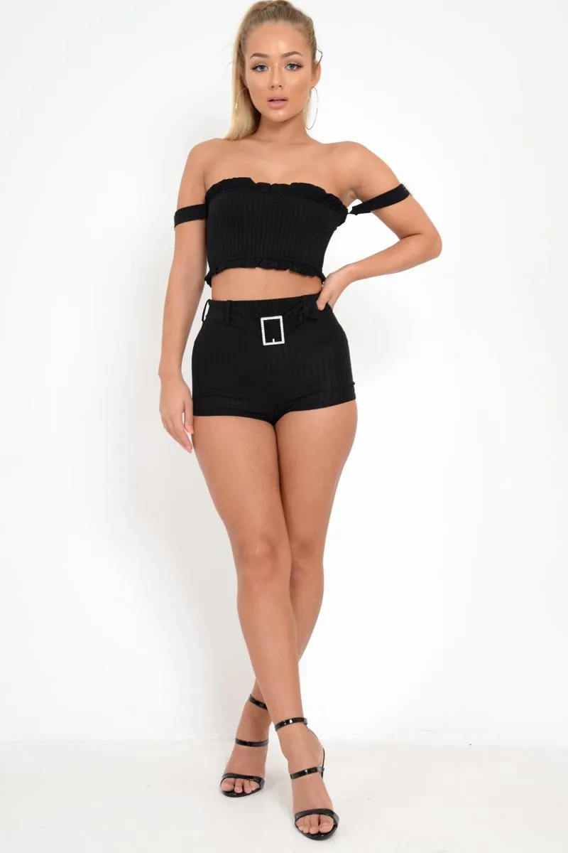 Black Ribbed Bardot Crop Top and Shorts Co-ord - Elissa