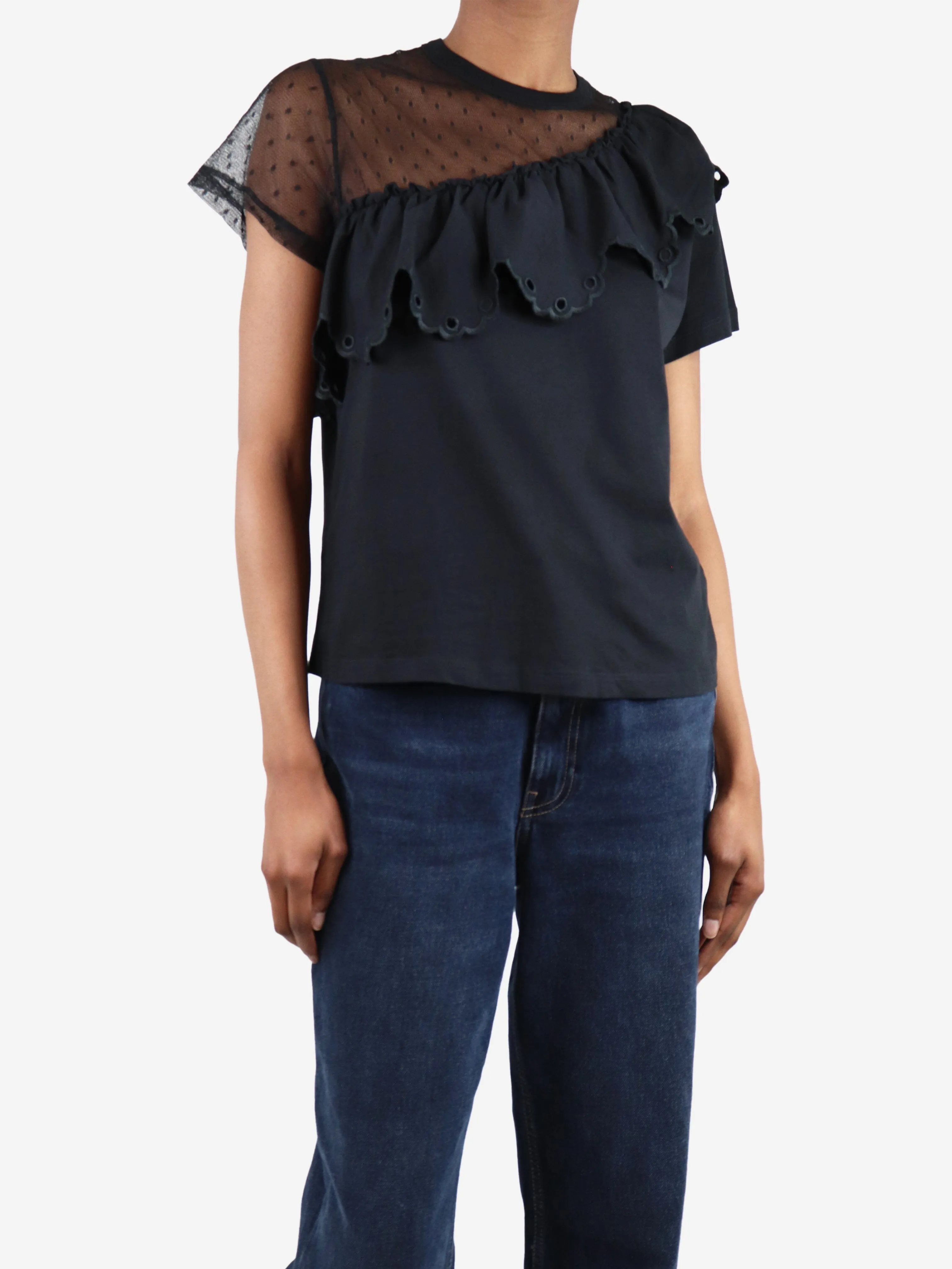 Black ruffled lace t-shirt - size XS