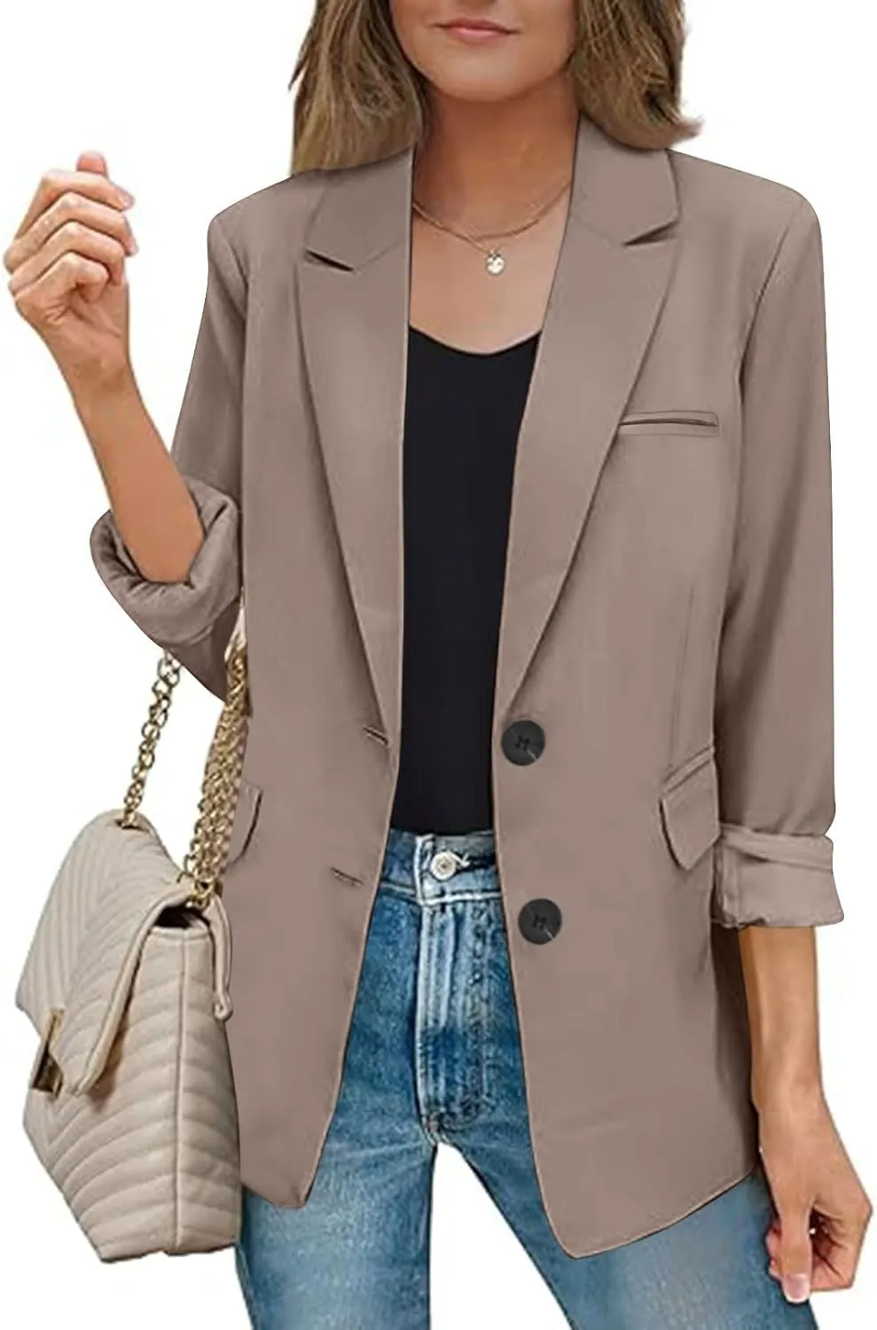 Blazers for Women Business Casual Long Sleeve Lapel Open Front Button Work Office Blazer Jackets with Pockets 2024