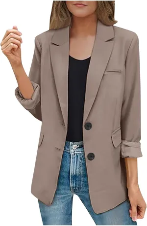 Blazers for Women Business Casual Long Sleeve Lapel Open Front Button Work Office Blazer Jackets with Pockets 2024
