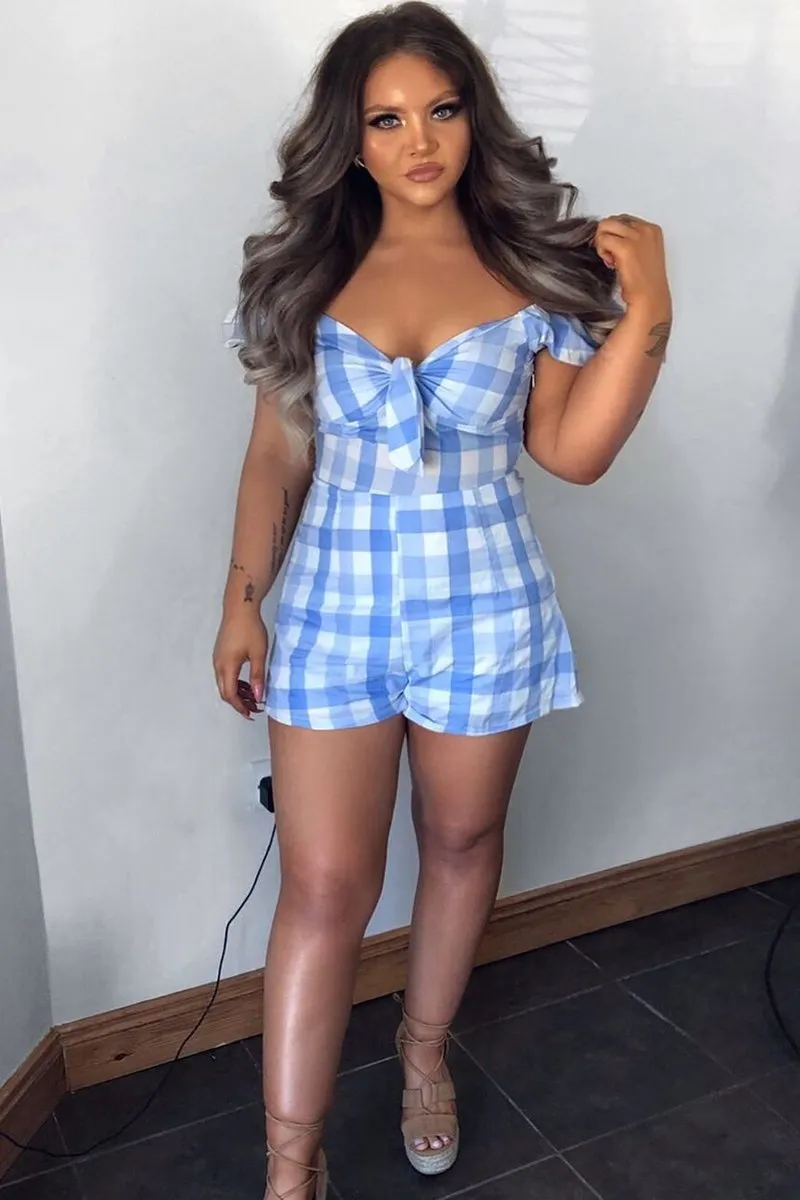 Blue Gingham Tie Front Puff Sleeve Playsuit - Davey