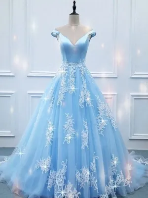 Blue Off Shoulders Lace Puffy Prom Dress ,21121321