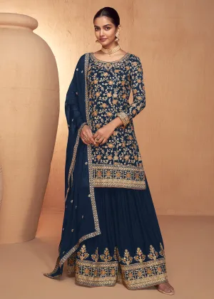 Blue Real Chinnon Embroidered Wedding Festive Palazzo Suit