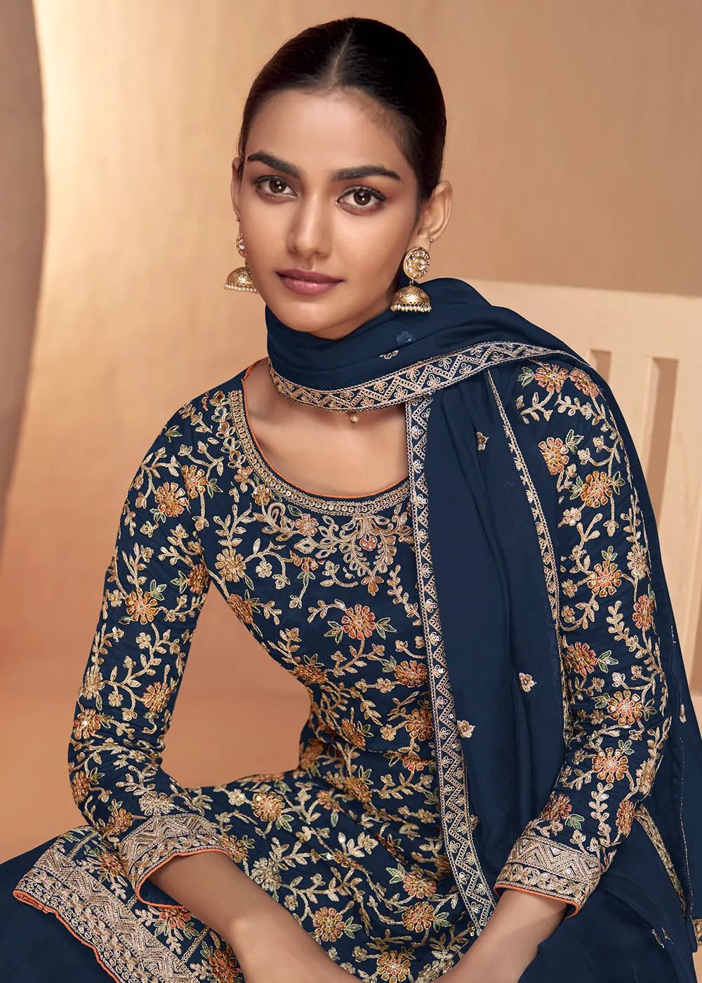 Blue Real Chinnon Embroidered Wedding Festive Palazzo Suit