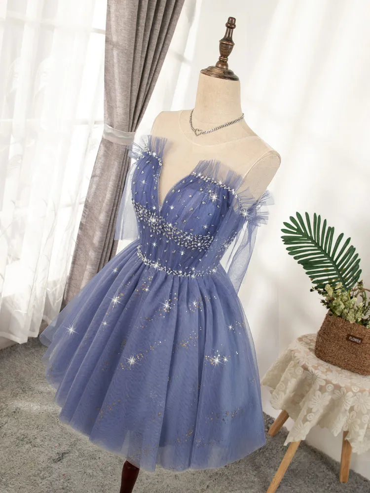 Blue Tulle Sequin Short Prom Dress Puffy Blue Homecoming Dress