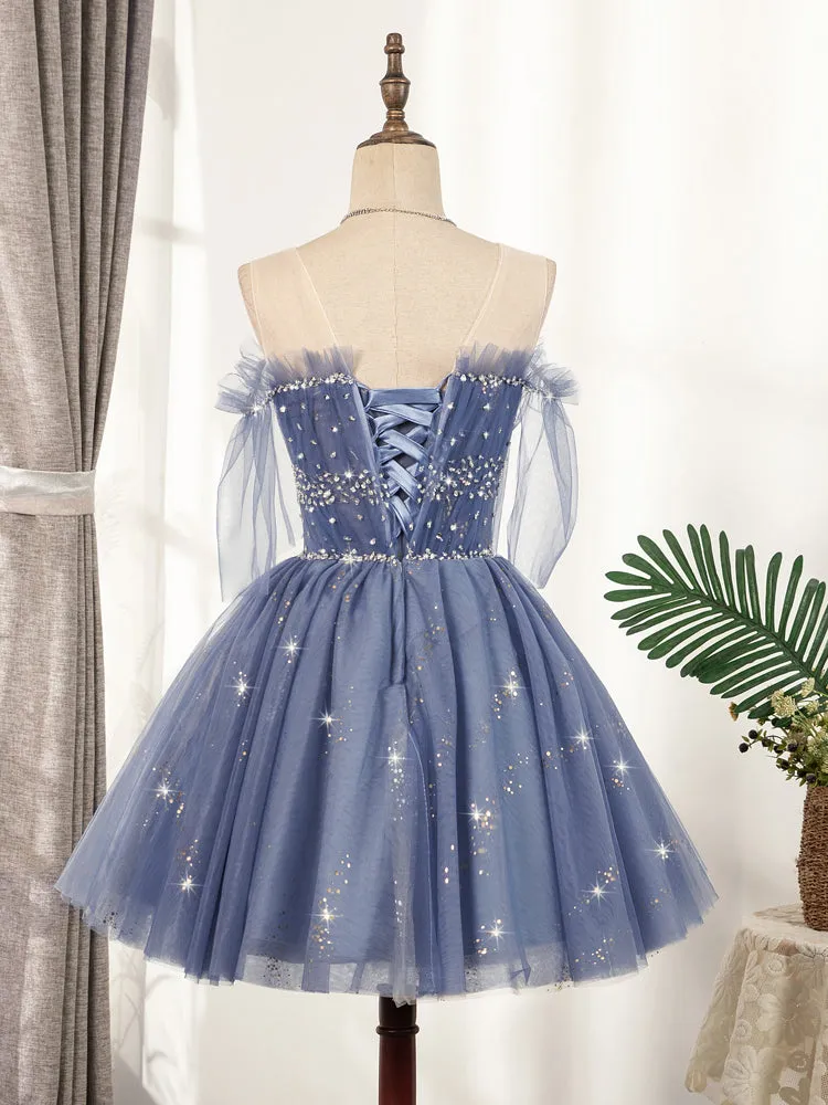 Blue Tulle Sequin Short Prom Dress Puffy Blue Homecoming Dress