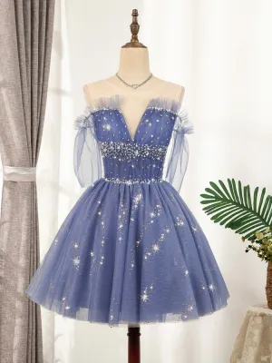 Blue Tulle Sequin Short Prom Dress Puffy Blue Homecoming Dress