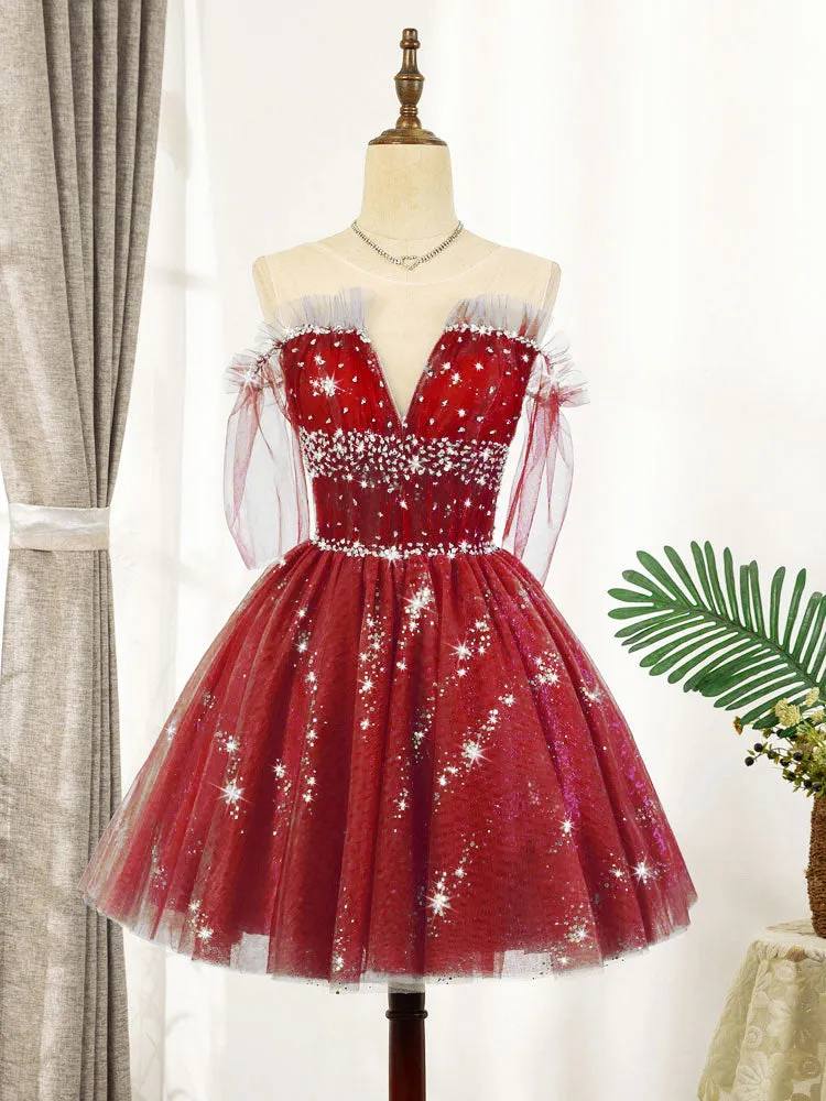 Blue Tulle Sequin Short Prom Dress Puffy Blue Homecoming Dress