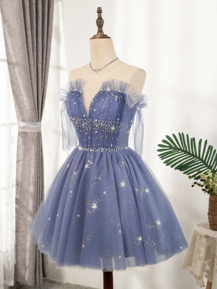 Blue Tulle Sequin Short Prom Dress Puffy Blue Homecoming Dress