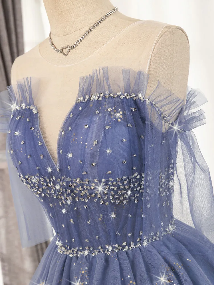 Blue Tulle Sequin Short Prom Dress Puffy Blue Homecoming Dress