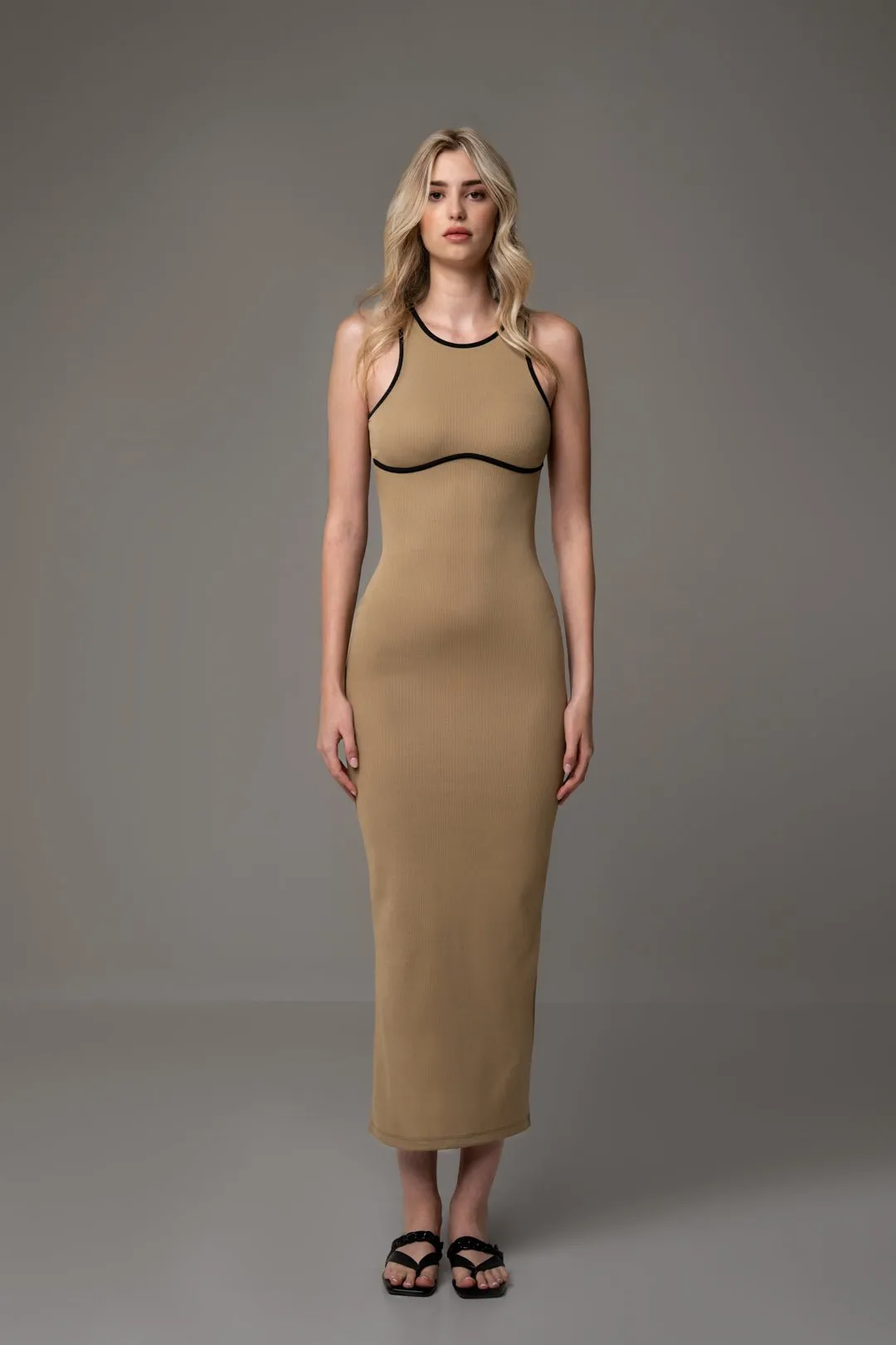 BROWN CONTRAST DETAIL BODYCON DRESS