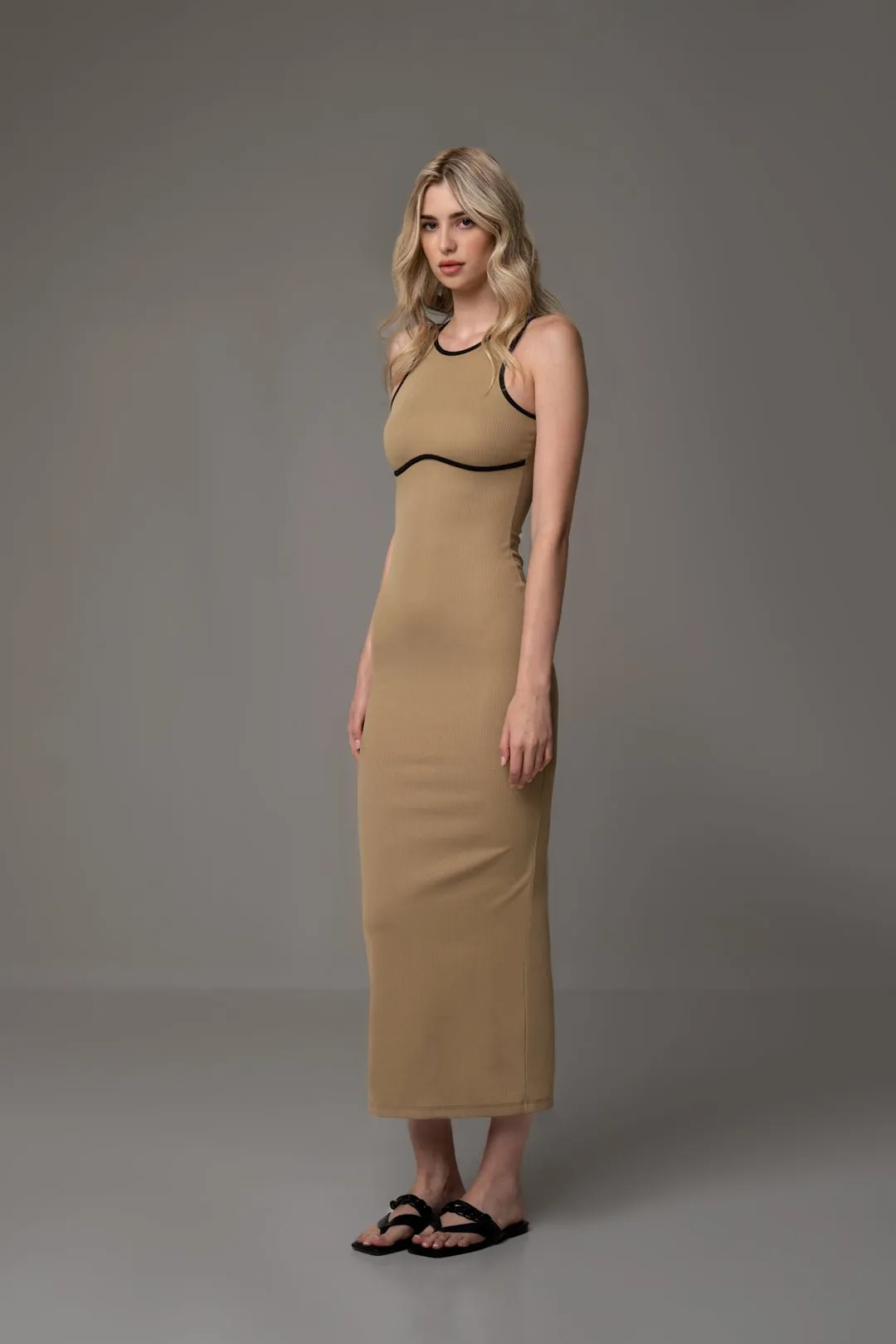 BROWN CONTRAST DETAIL BODYCON DRESS