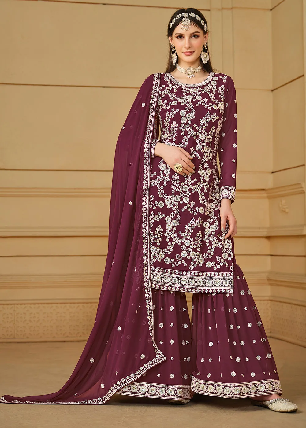 Burgundy Wine Embroidered Georgette Gharara Style Suit