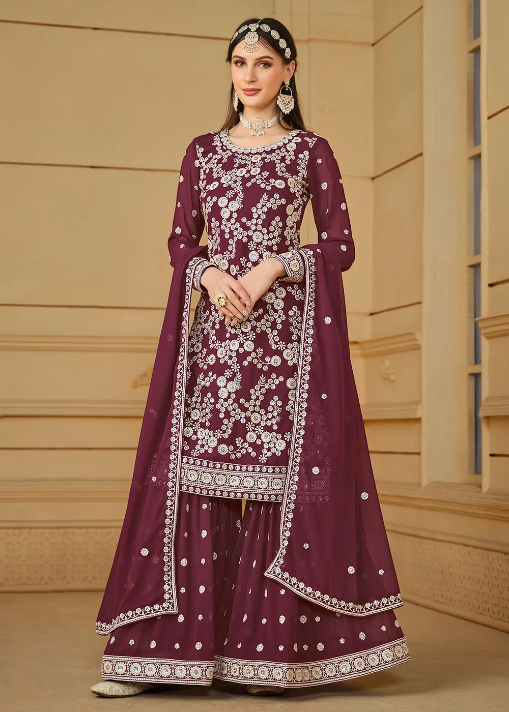 Burgundy Wine Embroidered Georgette Gharara Style Suit