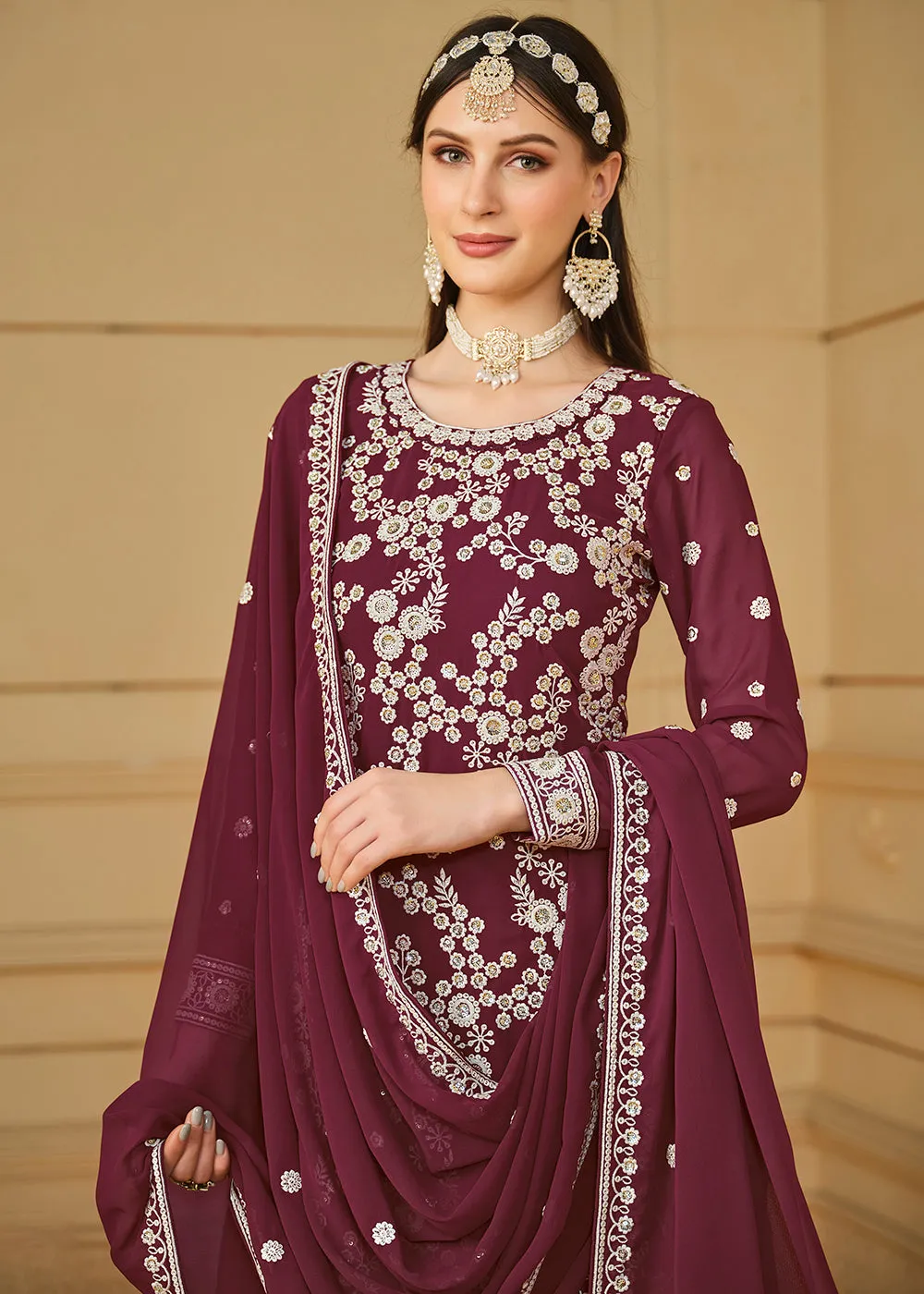 Burgundy Wine Embroidered Georgette Gharara Style Suit