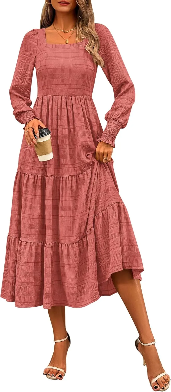 CFLONGE Women's Fall Dresses 2025 Puff Long Sleeve Square Neck Dress High Waist Smocked A-Line Flowy Wedding Party Maxi Dress