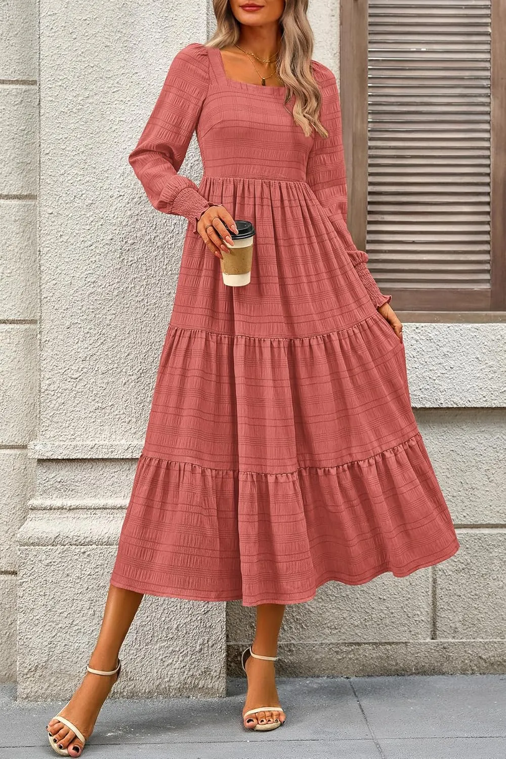 CFLONGE Women's Fall Dresses 2025 Puff Long Sleeve Square Neck Dress High Waist Smocked A-Line Flowy Wedding Party Maxi Dress