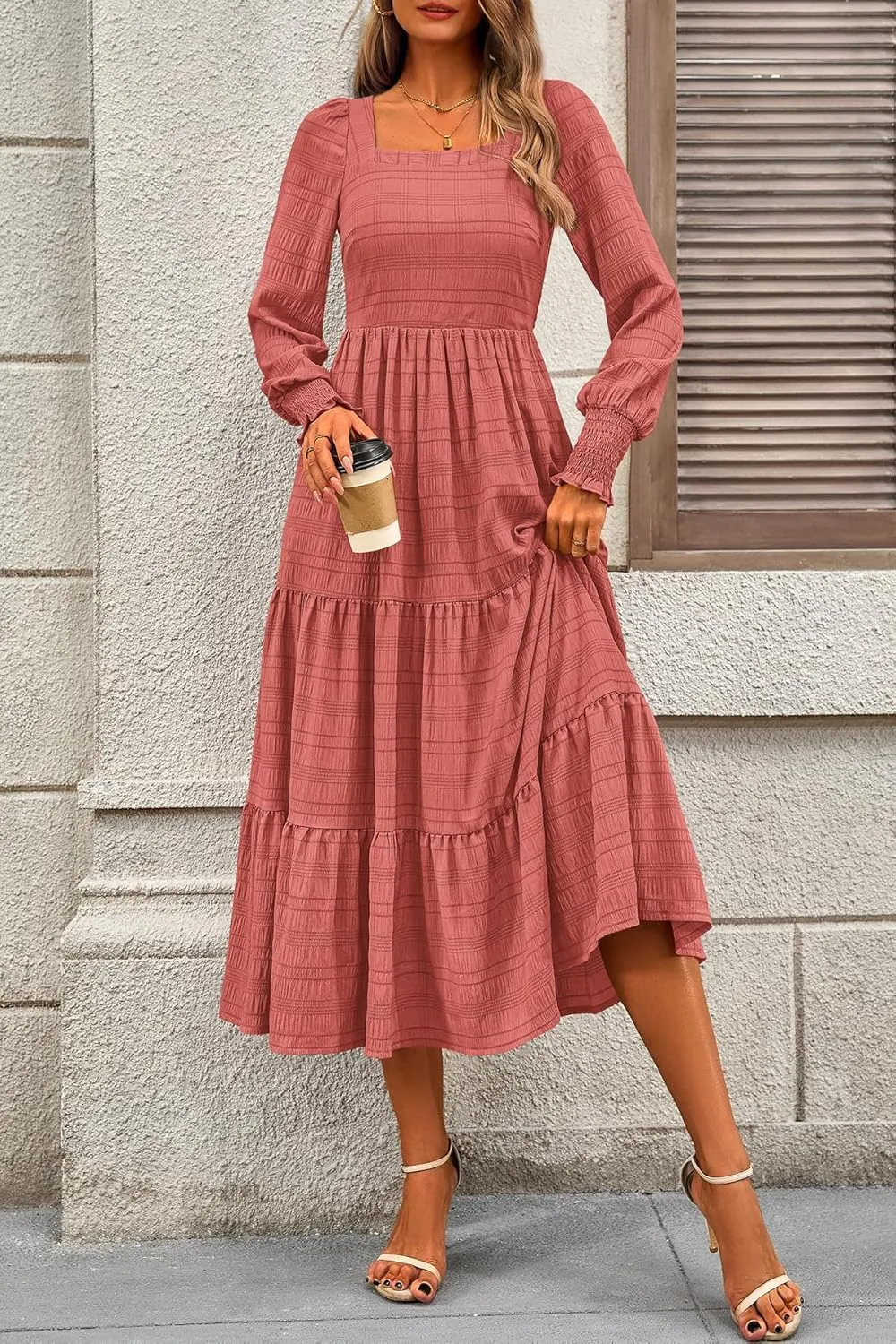 CFLONGE Women's Fall Dresses 2025 Puff Long Sleeve Square Neck Dress High Waist Smocked A-Line Flowy Wedding Party Maxi Dress