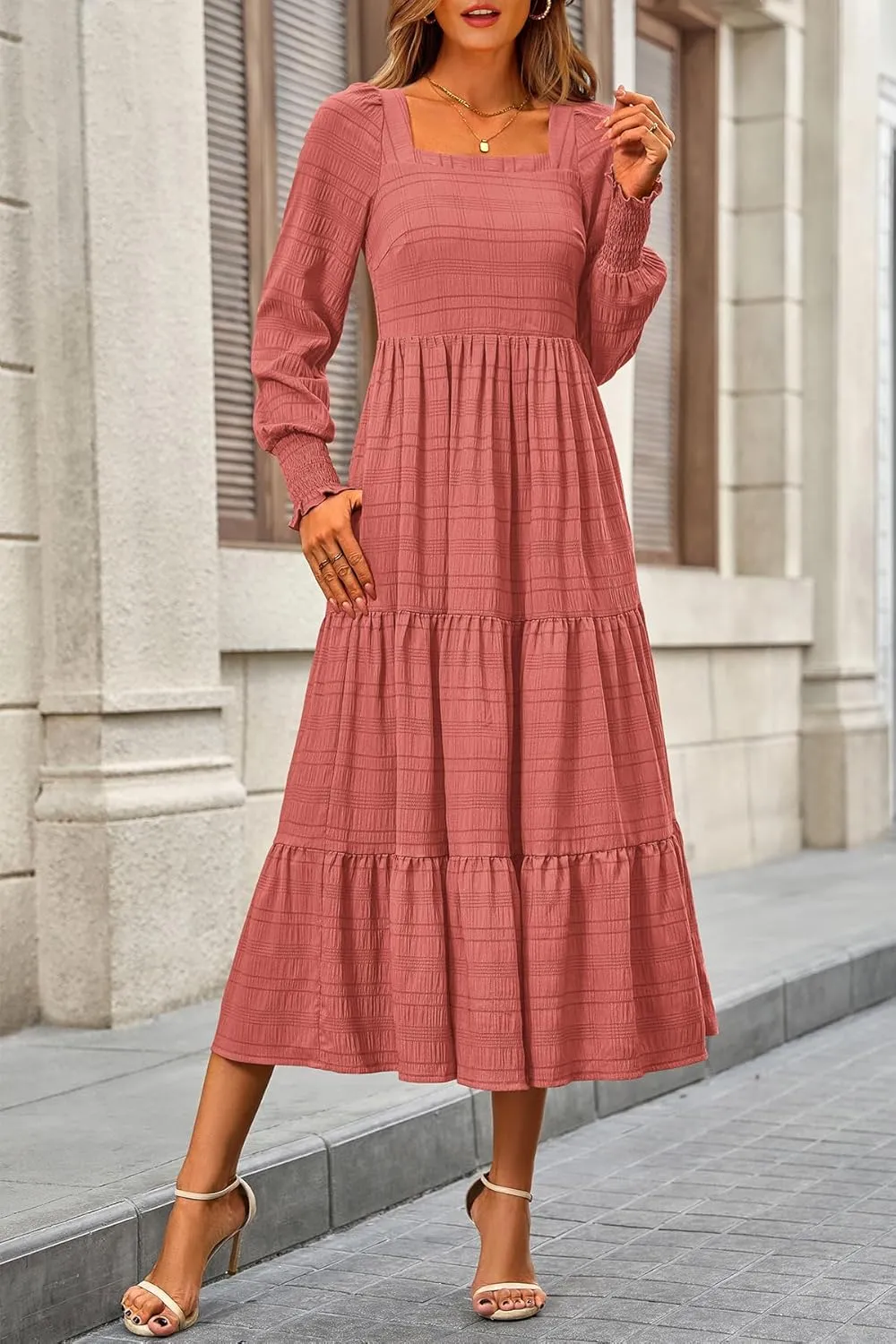 CFLONGE Women's Fall Dresses 2025 Puff Long Sleeve Square Neck Dress High Waist Smocked A-Line Flowy Wedding Party Maxi Dress