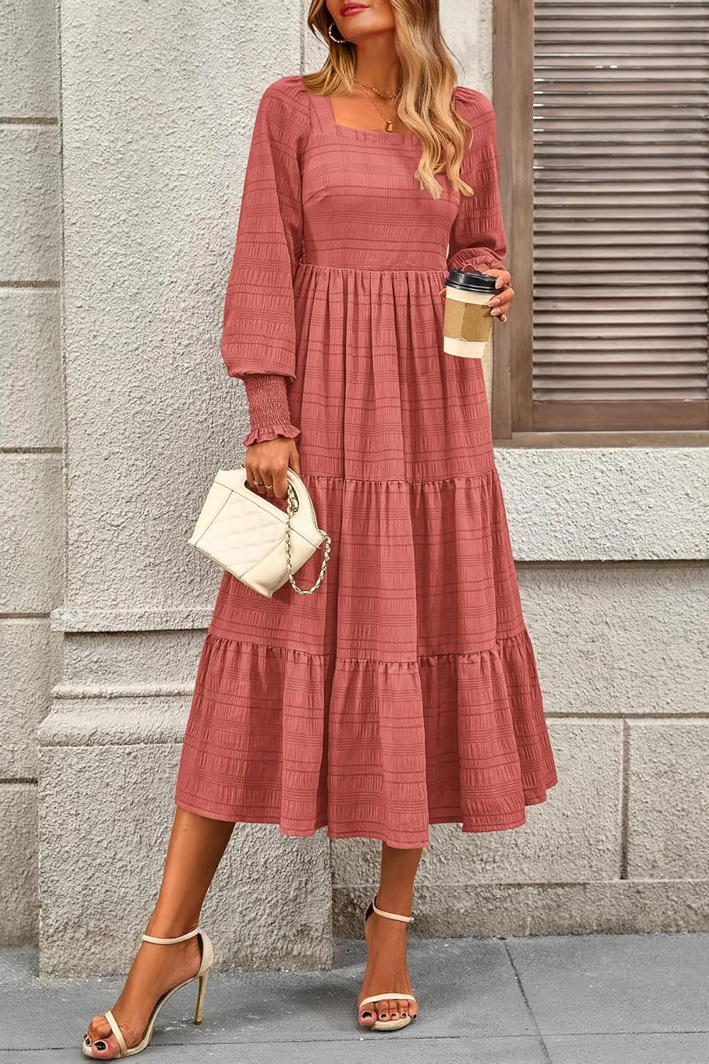 CFLONGE Women's Fall Dresses 2025 Puff Long Sleeve Square Neck Dress High Waist Smocked A-Line Flowy Wedding Party Maxi Dress