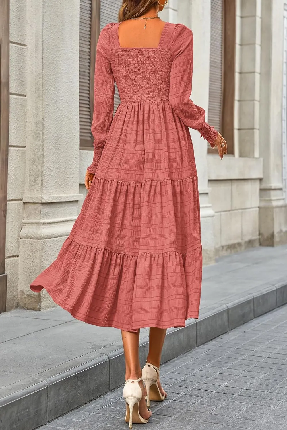 CFLONGE Women's Fall Dresses 2025 Puff Long Sleeve Square Neck Dress High Waist Smocked A-Line Flowy Wedding Party Maxi Dress