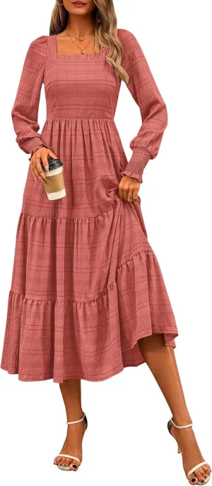 CFLONGE Women's Fall Dresses 2025 Puff Long Sleeve Square Neck Dress High Waist Smocked A-Line Flowy Wedding Party Maxi Dress