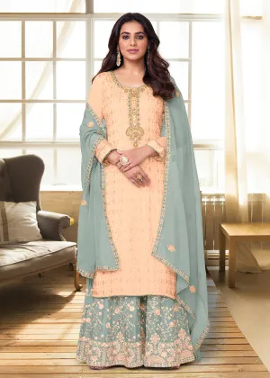 Charming Light Peach Heavy Chinon Embroidered Palazzo Kurta Set