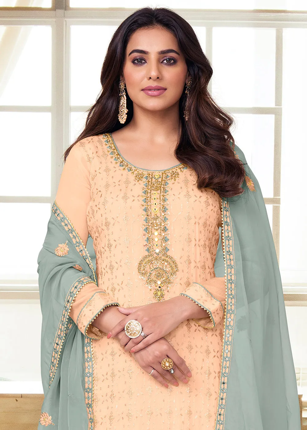 Charming Light Peach Heavy Chinon Embroidered Palazzo Kurta Set