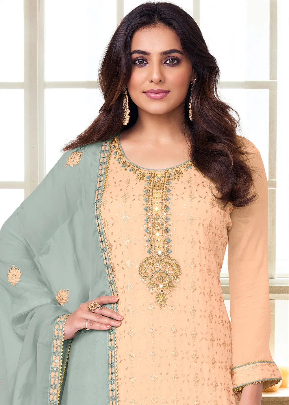 Charming Light Peach Heavy Chinon Embroidered Palazzo Kurta Set