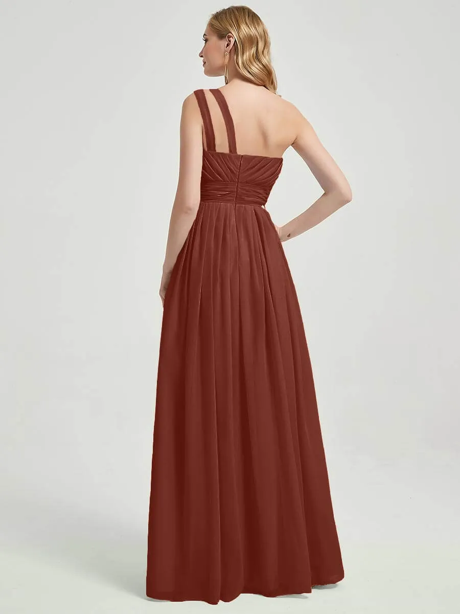 Cinnamon Rose One Shoulder A-Line Floor Length Chiffon Bridesmaid Dress