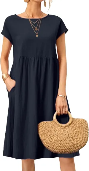 Cotton Dresses for Women Summer Short Sleeve T-Shirt Dress Casual Loose Fit Crewneck Midi Dresses with Pockets