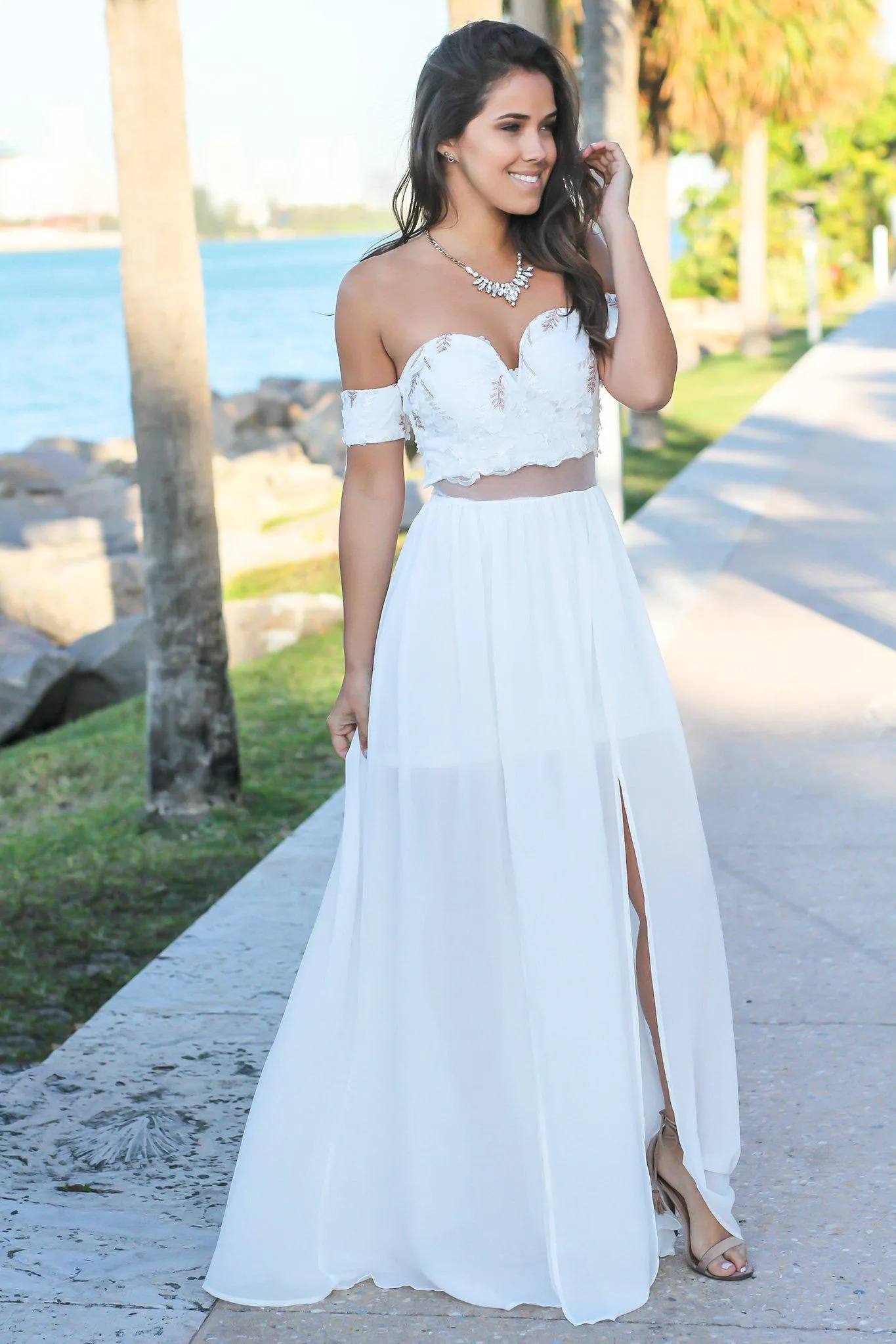 Cream Off Shoulder Maxi Dress with Embroidered Top