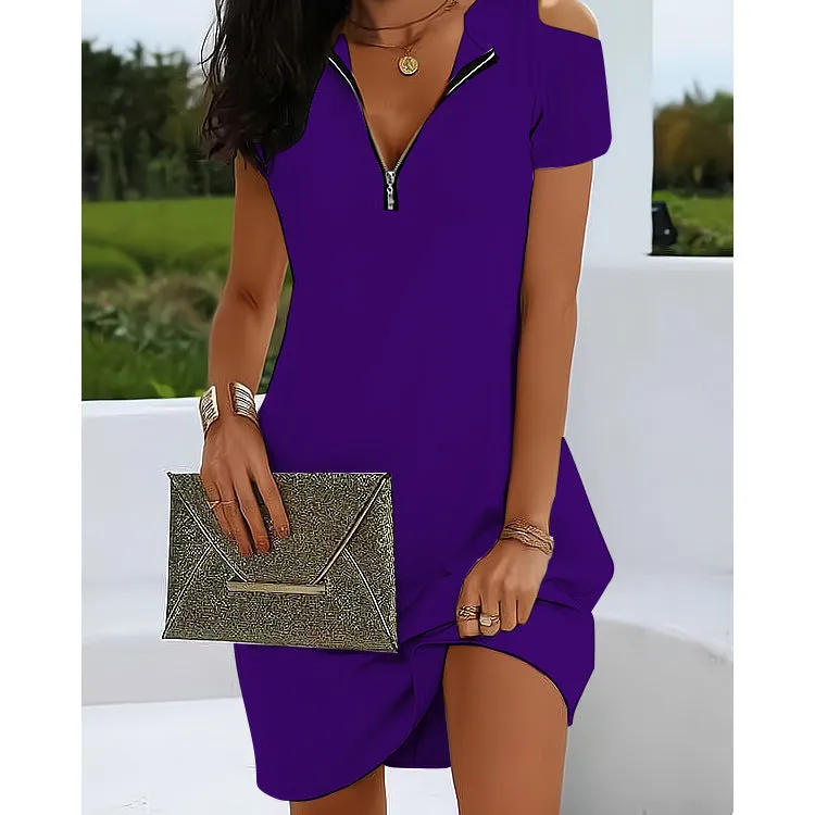 DEANWAQNGKT  European and American Women's Clothing  Summer New  Independent Station Casual round Neck Zipper off-Shoulder Short Sleeve Dress