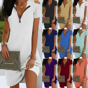 DEANWAQNGKT  European and American Women's Clothing  Summer New  Independent Station Casual round Neck Zipper off-Shoulder Short Sleeve Dress