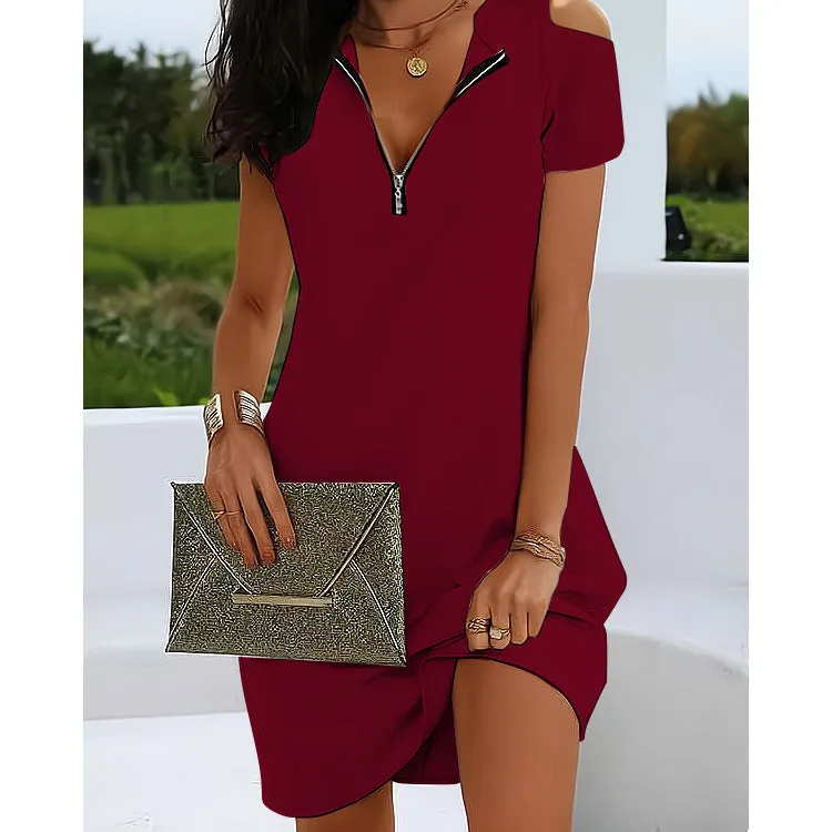 DEANWAQNGKT  European and American Women's Clothing  Summer New  Independent Station Casual round Neck Zipper off-Shoulder Short Sleeve Dress