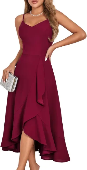 DRESSTELLS Women's Cocktail Party Dress, Formal Wedding Guest High Low Dress, Fit Flare Holiday Prom Dress