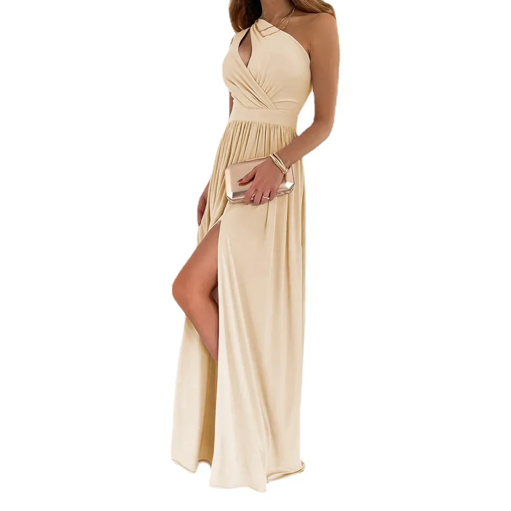 DUNNMALL  New Slant Shoulder Dress Elegance Sleeveless Sexy High Waist Split Dress  European and American Women's Clothing Foreign Trade