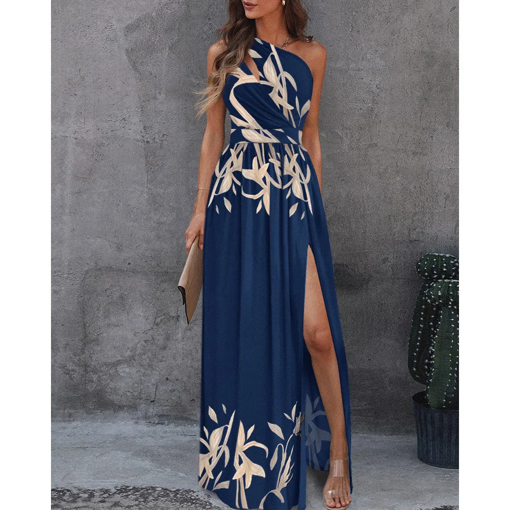 DUNNMALL  New Slant Shoulder Dress Elegance Sleeveless Sexy High Waist Split Dress  European and American Women's Clothing Foreign Trade