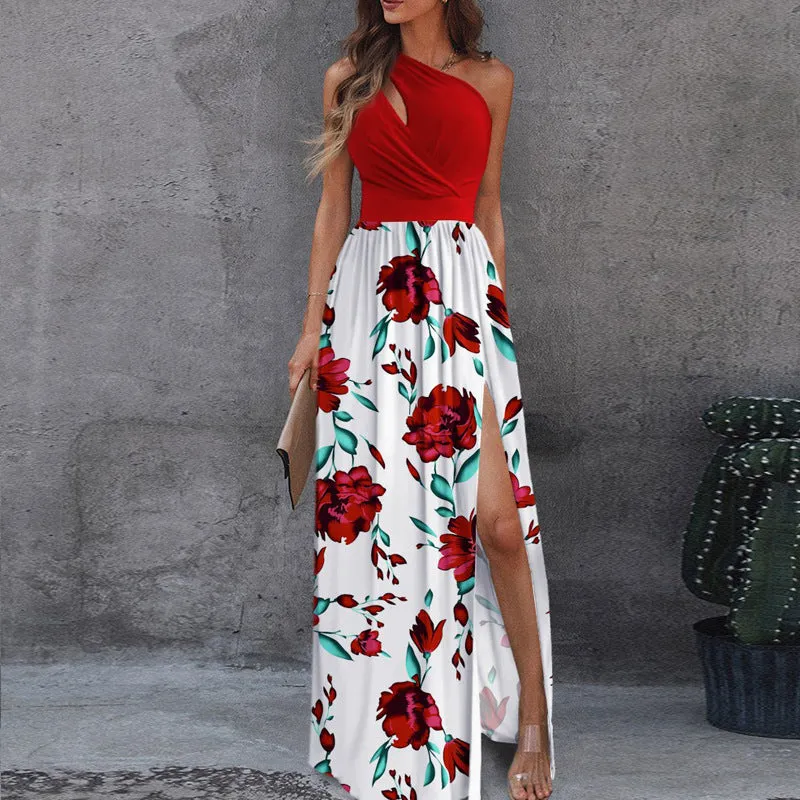 DUNNMALL  New Slant Shoulder Dress Elegance Sleeveless Sexy High Waist Split Dress  European and American Women's Clothing Foreign Trade