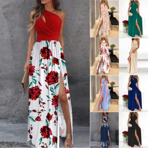 DUNNMALL  New Slant Shoulder Dress Elegance Sleeveless Sexy High Waist Split Dress  European and American Women's Clothing Foreign Trade