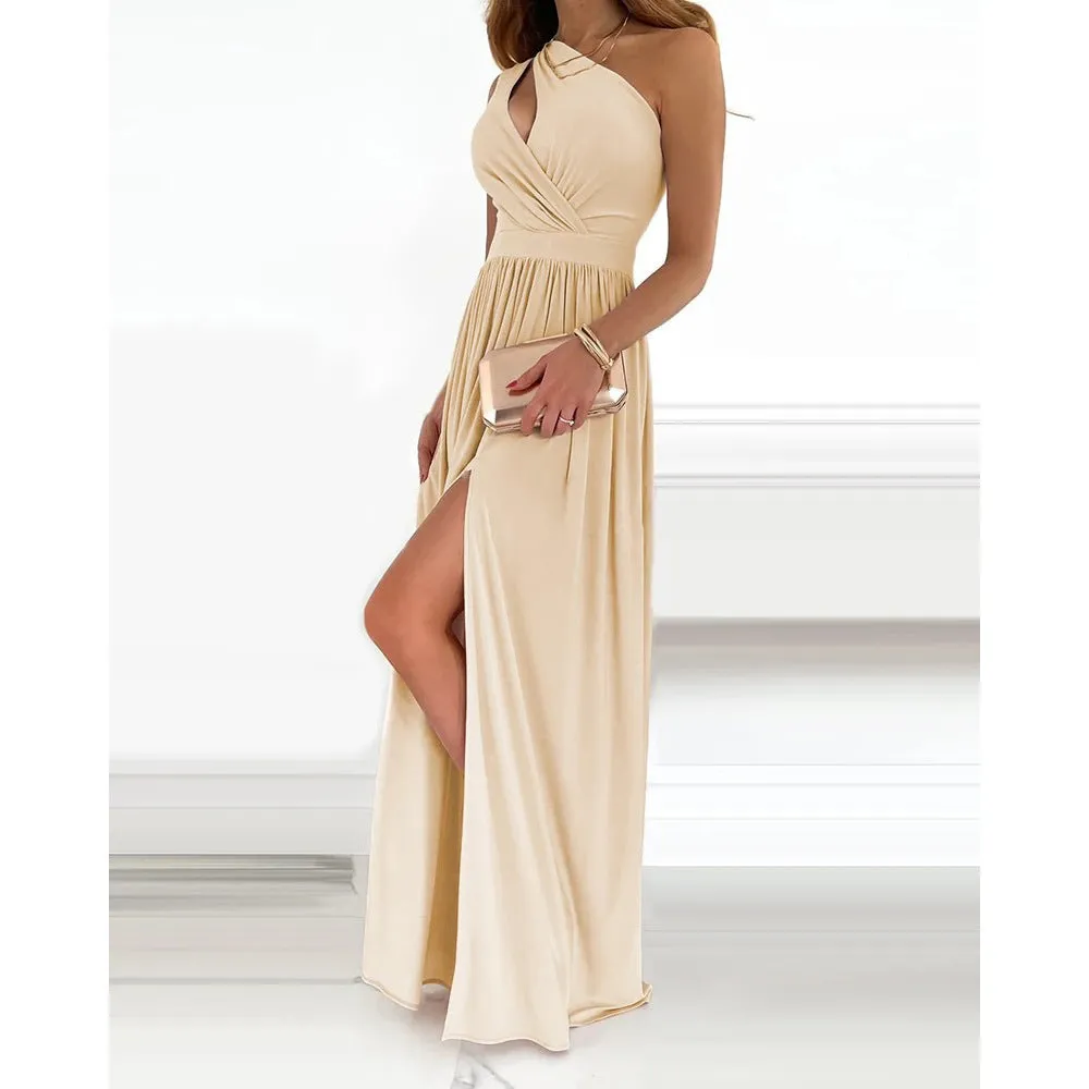 DUNNMALL  New Slant Shoulder Dress Elegance Sleeveless Sexy High Waist Split Dress  European and American Women's Clothing Foreign Trade