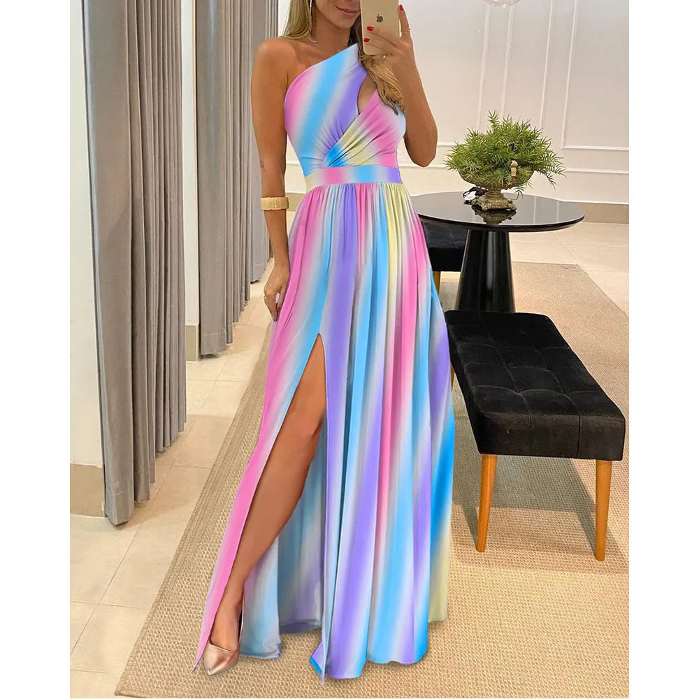 DUNNMALL  New Slant Shoulder Dress Elegance Sleeveless Sexy High Waist Split Dress  European and American Women's Clothing Foreign Trade