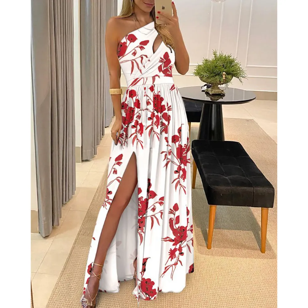DUNNMALL  New Slant Shoulder Dress Elegance Sleeveless Sexy High Waist Split Dress  European and American Women's Clothing Foreign Trade