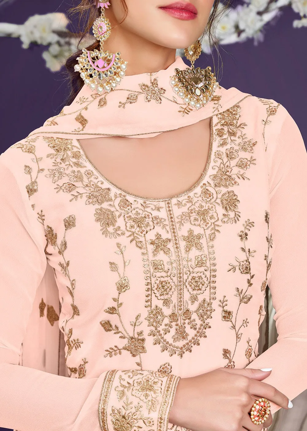 Ethnic Peach Pakistani Style Georgette Embroidered Salwar Suit