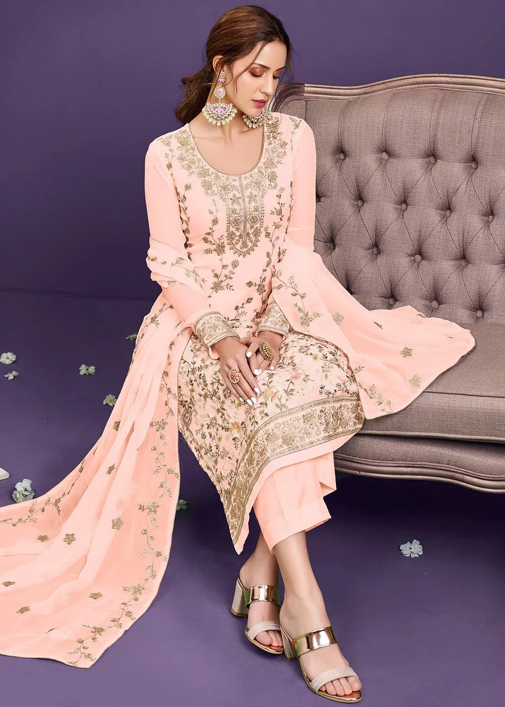 Ethnic Peach Pakistani Style Georgette Embroidered Salwar Suit