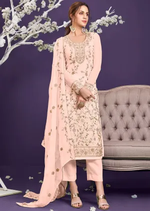 Ethnic Peach Pakistani Style Georgette Embroidered Salwar Suit