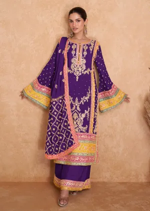 Fancy Dark Purple Chinnon Embroidered Designer Palazzo Suit